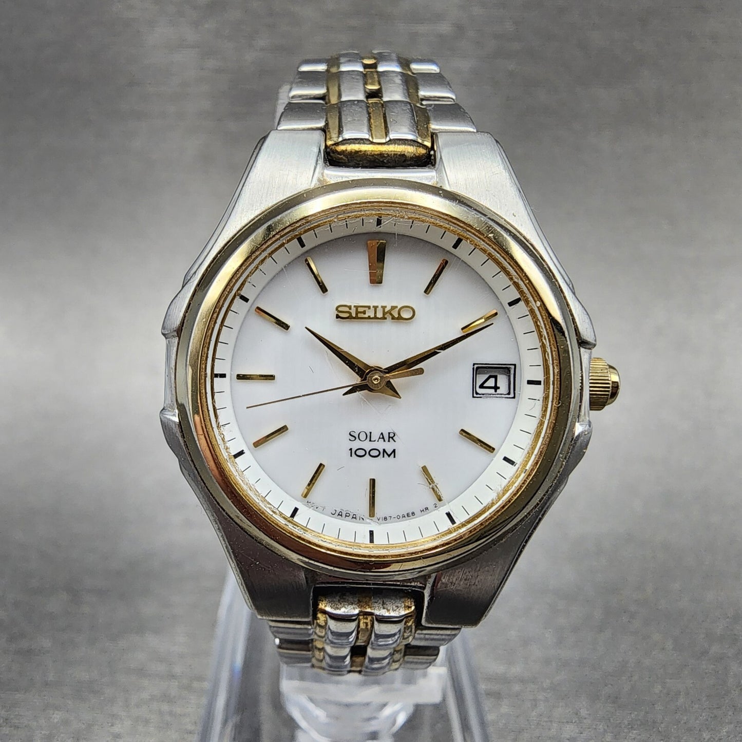 Seiko Solar Watch Women 28mm White Dial Two Tone Daydate Round V1870AC0 Runs0