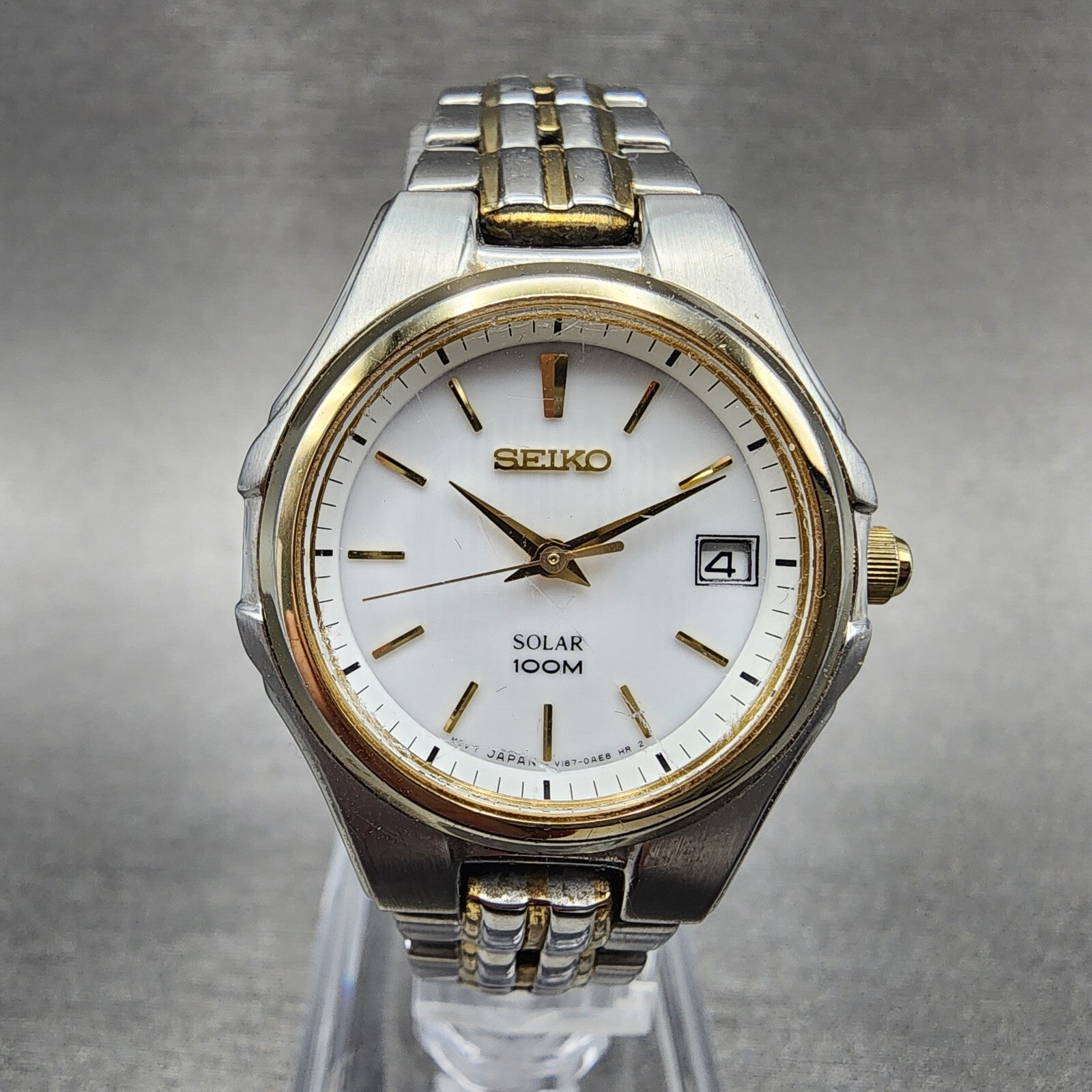 Seiko Solar Watch Women 28mm White Dial Two Tone Daydate Round V1870AC0 Runs0