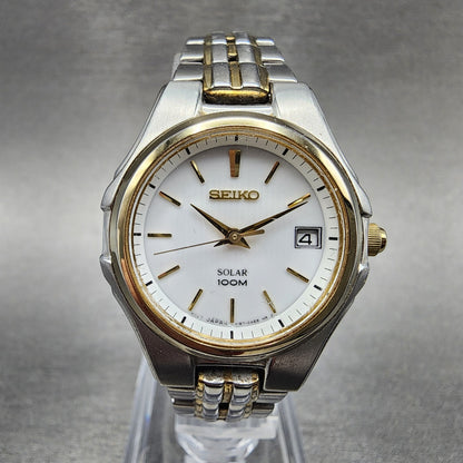 Seiko Solar Watch Women 28mm White Dial Two Tone Daydate Round V1870AC0 Runs0