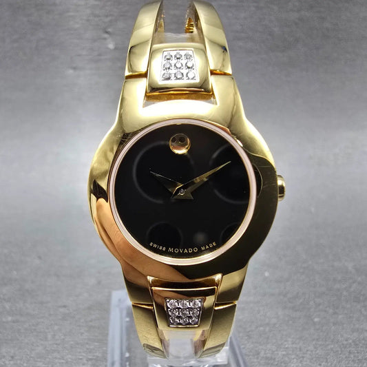Movado Amorosa Watch Women 24mm Black Dial Gold Diamond Accents New Battery JKJ0