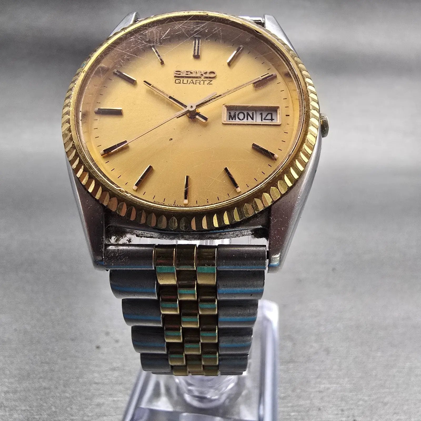 Seiko President Watch Men 35mm Gold Dial Two Tone Daydate 7N43-8111 New Battery5
