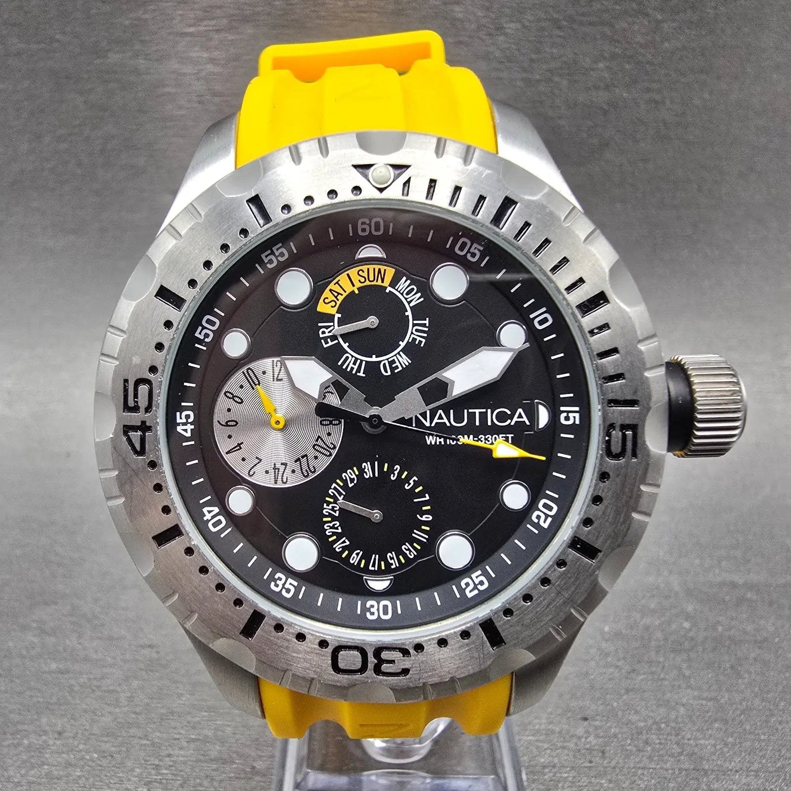 Nautica Dive Watch Men 48mm Black Dial Steel Daydate Round NAS15107G New battery0