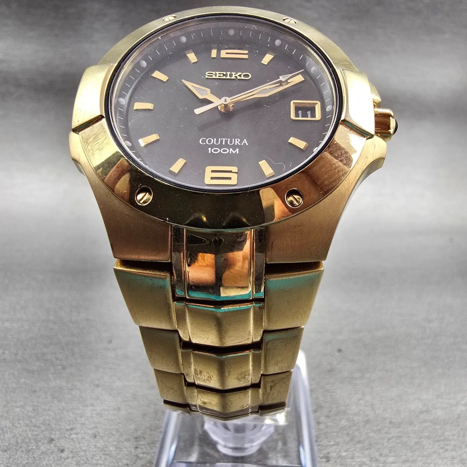 Seiko Coutura Watch Men 38mm Brown Dial Gold Tone Date Round 7N42-0CH0 New Batt5