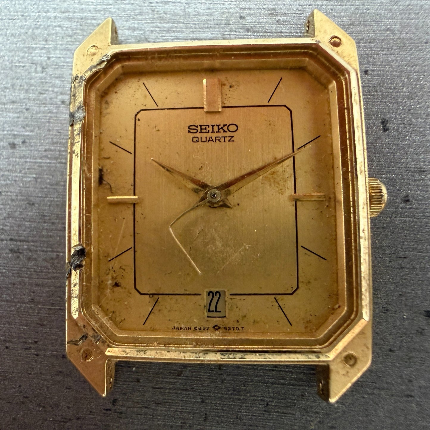 Seiko Tank Watch Men 27mm Gold Dial Gold Tone Date 6532-5189 Rectangle  PARTS2