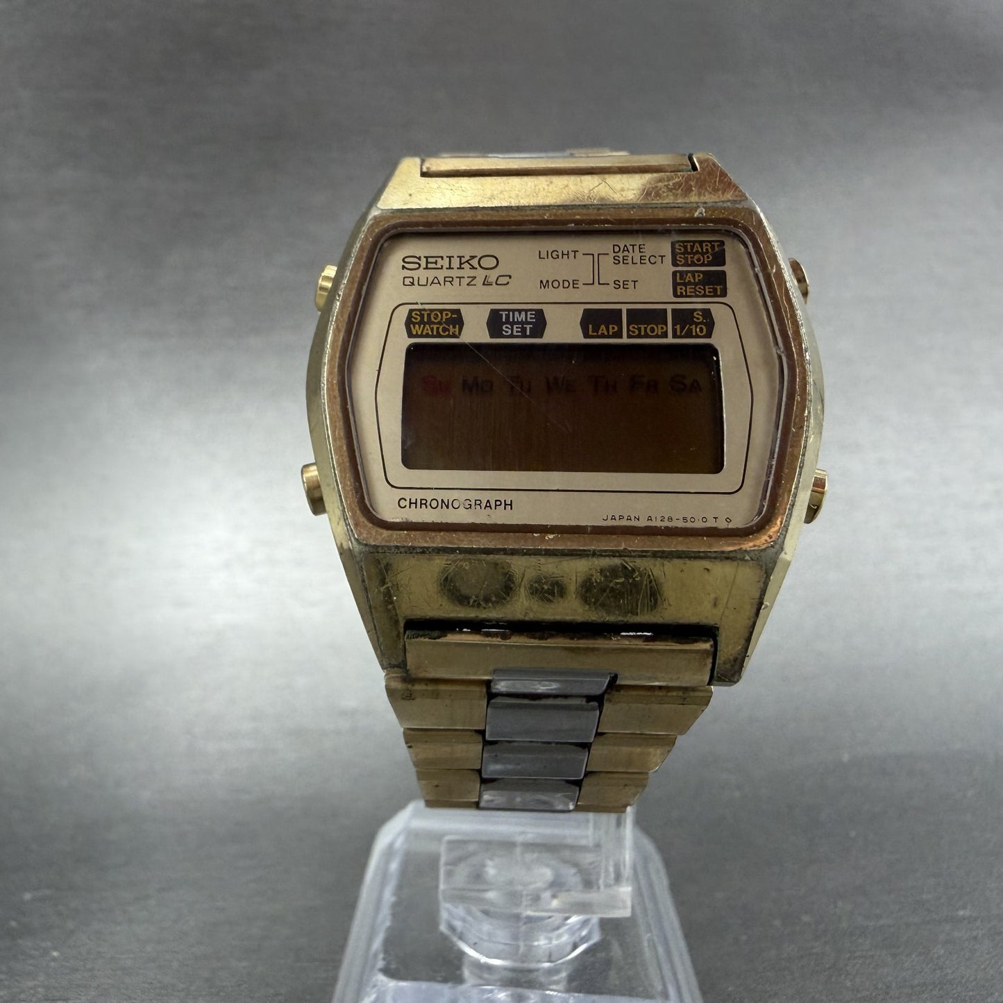 Seiko Digital Watch Men 35mm Two Tone Daydate Timer Vintage A128-5010 PARTS6