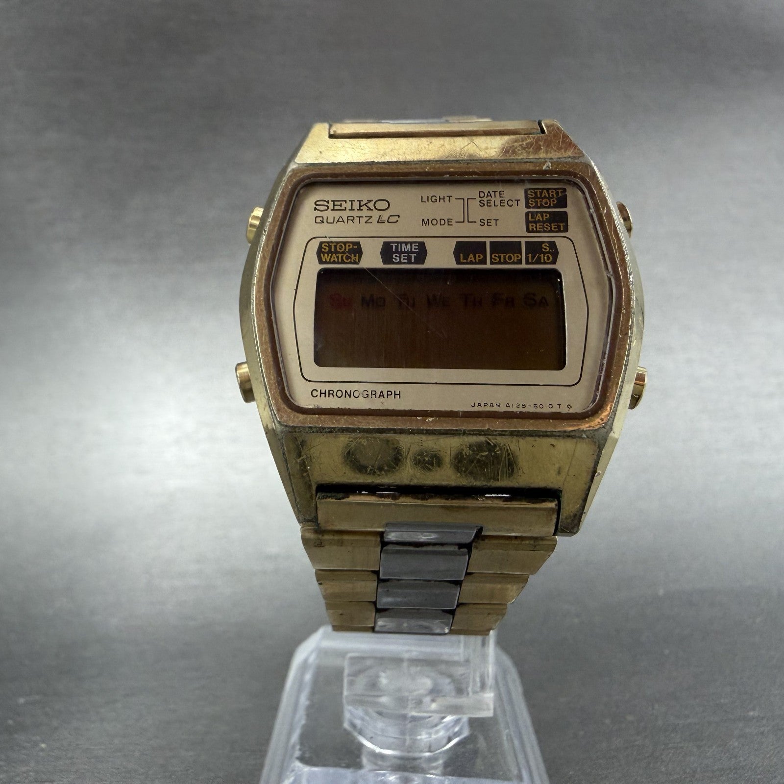 Seiko Digital Watch Men 35mm Two Tone Daydate Timer Vintage A128-5010 PARTS6