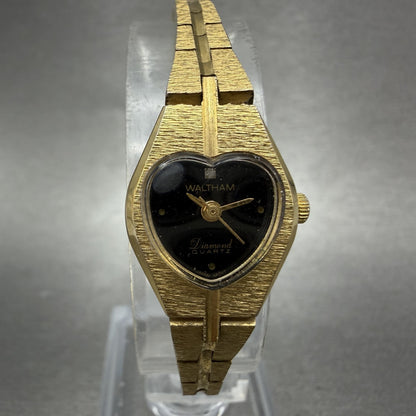 Waltham Heart Watch Women 16mm Black Dial Gold Tone Round New Battery VTG0
