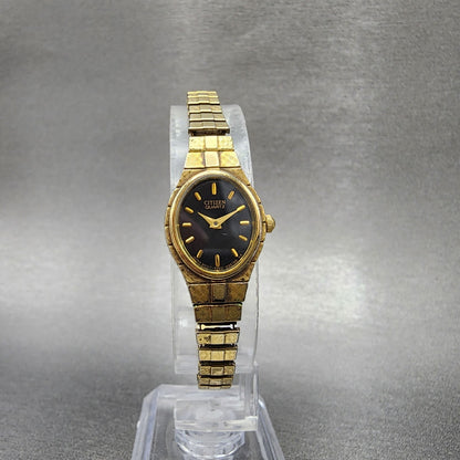 VTG Citizen Watch Women 16mm Black Dial Gold Tone Oval 5920-S52446 New Battery