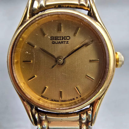 Seiko Watch Women 20mm Gold Dial Gold Tone Round 1N01-0E19 New Battery Vintage F1