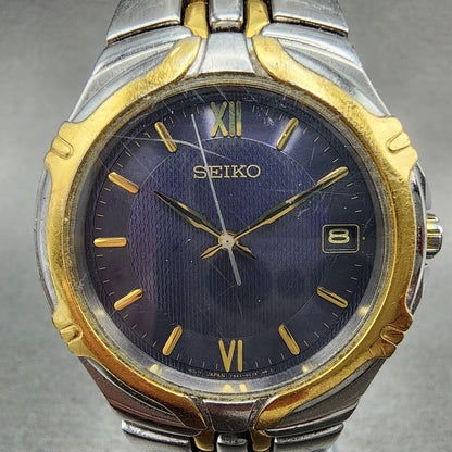 Seiko Watch Men 37mm Blue Dial Two Tone Date Round 7N42-6C10 New Battery A12