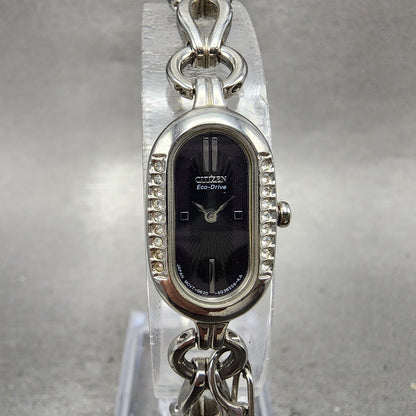Citizen EcoDrive Watch Women 14mm Black Dial Silver Tone Oval Crystal Bezel0