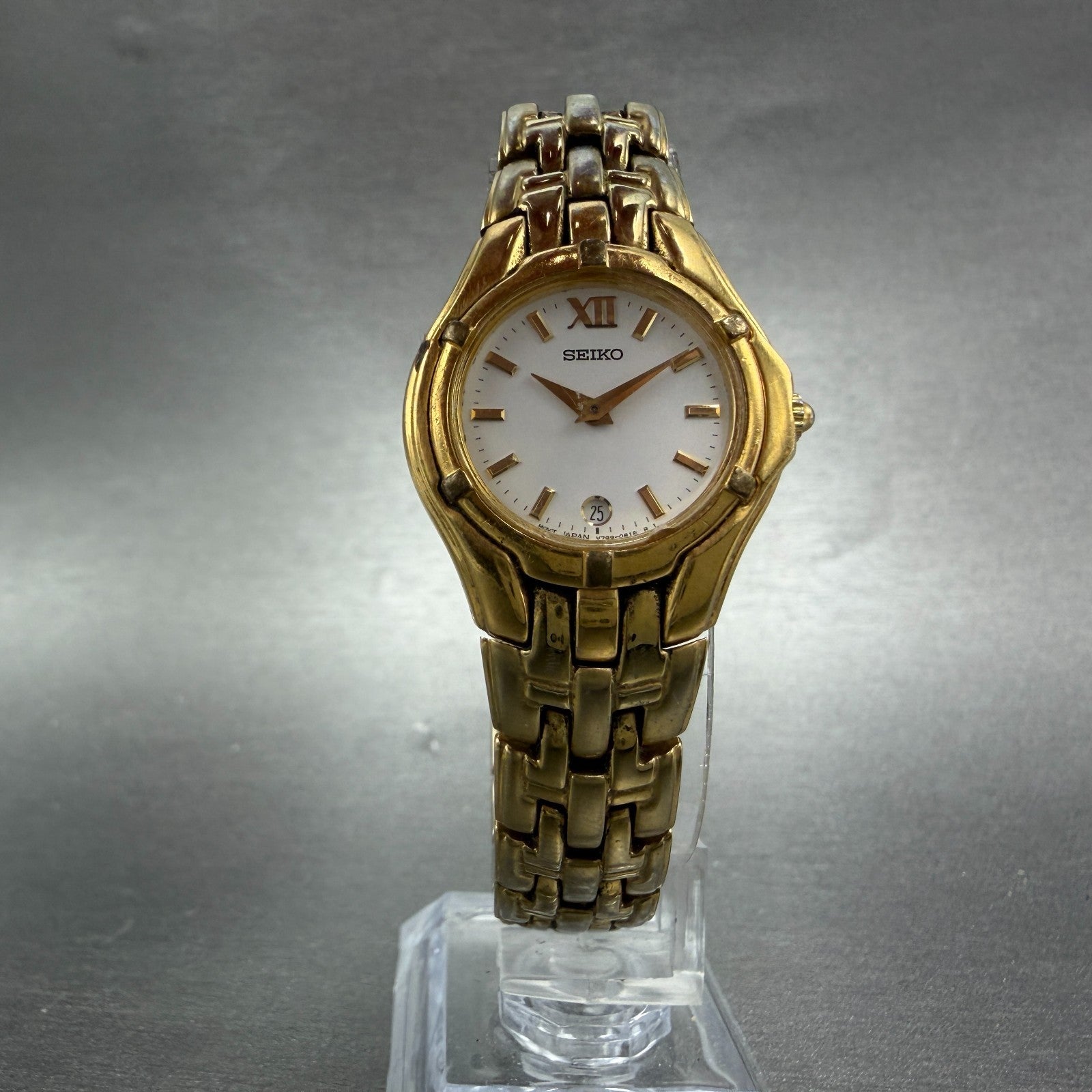 Seiko Watch Women 26mm White Dial Gold Tone Date V789-0369 New Battery JKKJ6