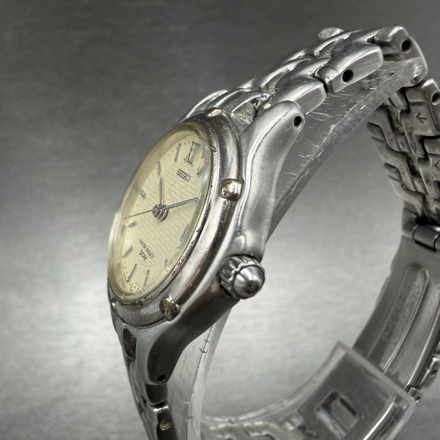 Seiko Watch Women 26mm Cream Dial Silver Tone Date Round 7N82-0599 New Battery Y2