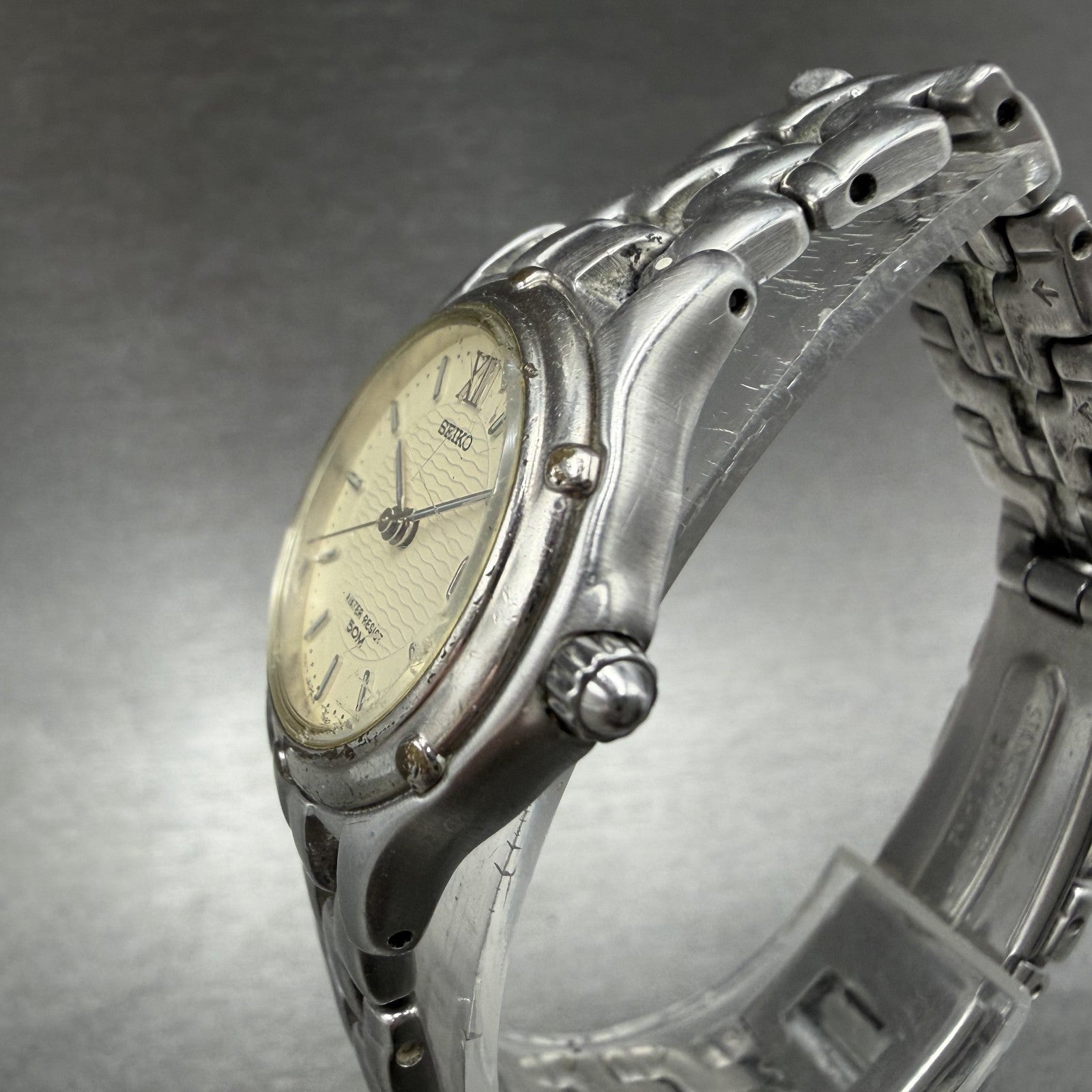 Seiko Watch Women 26mm Cream Dial Silver Tone Date Round 7N82-0599 New Battery Y2