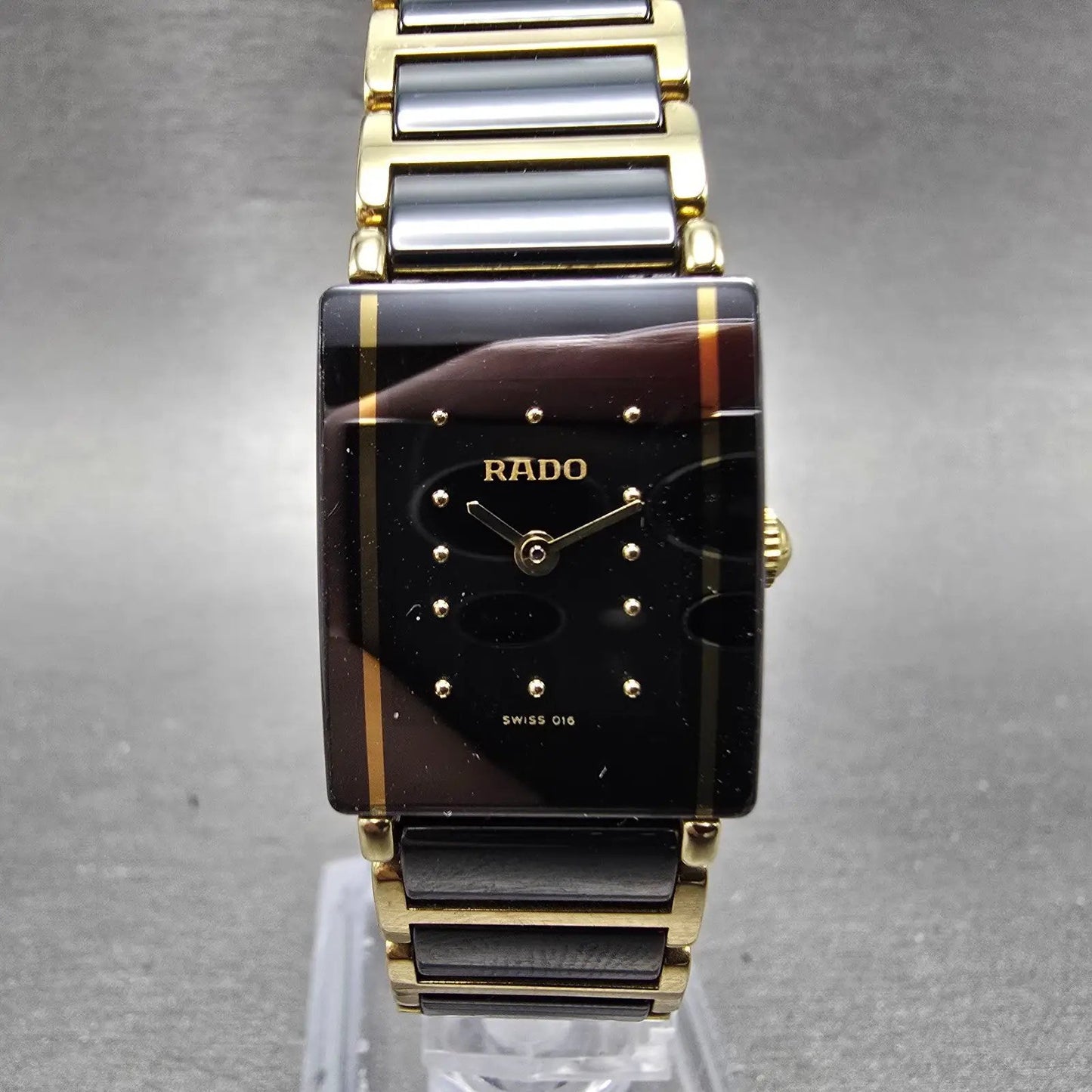 Rado Diastar Tank Watch Women 18mm Black Dial Black & Gold Tone 153.0383.3 Runs0