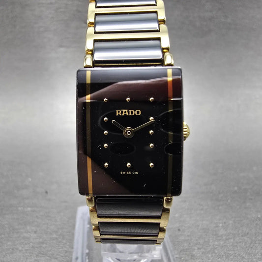 Rado Diastar Tank Watch Women 18mm Black Dial Black & Gold Tone 153.0383.3 Runs0