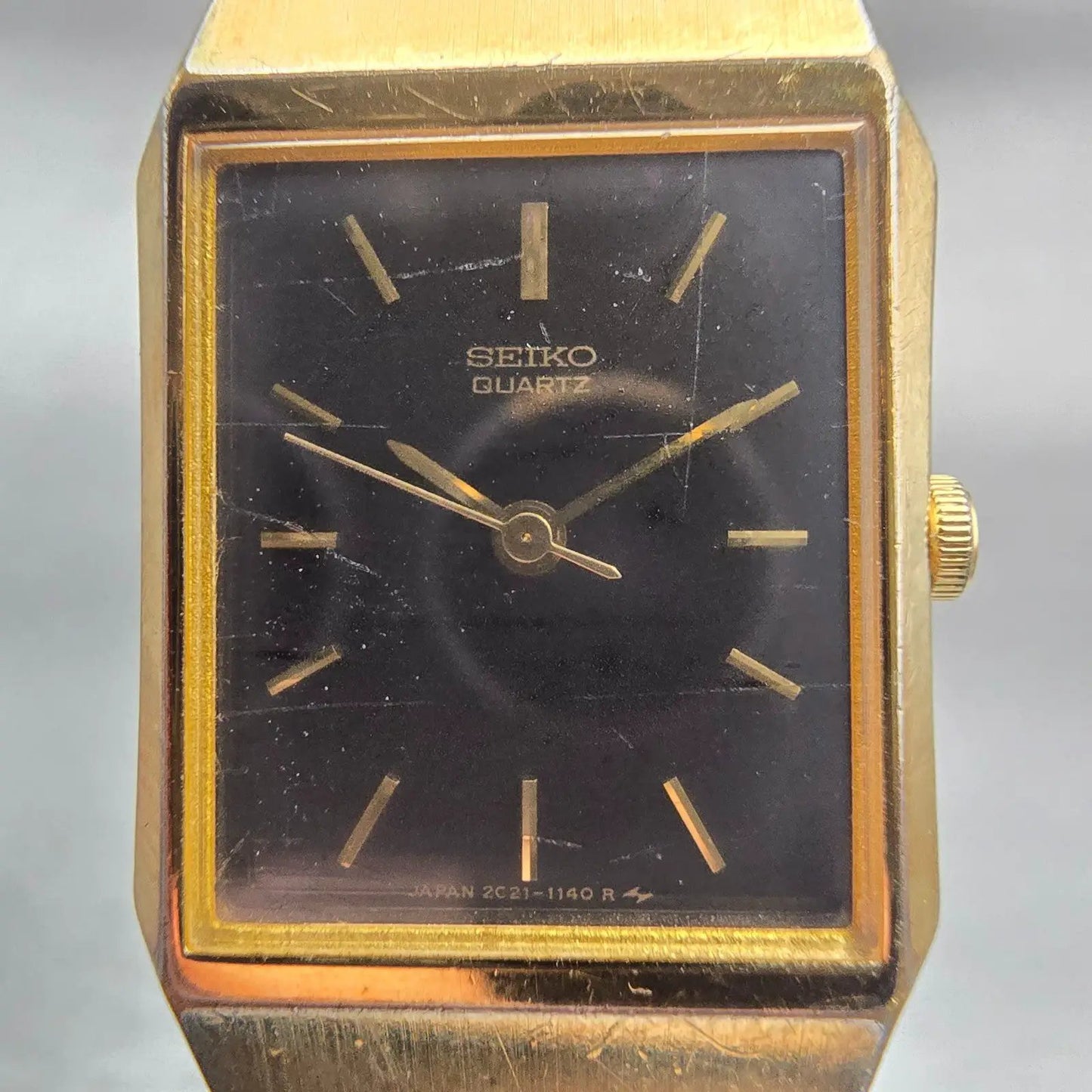 Seiko Watch Women 18mm Black Dial Gold Tone Rectangle 2C21-5220 New Battery VTG1