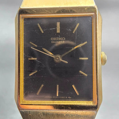Seiko Watch Women 18mm Black Dial Gold Tone Rectangle 2C21-5220 New Battery VTG1