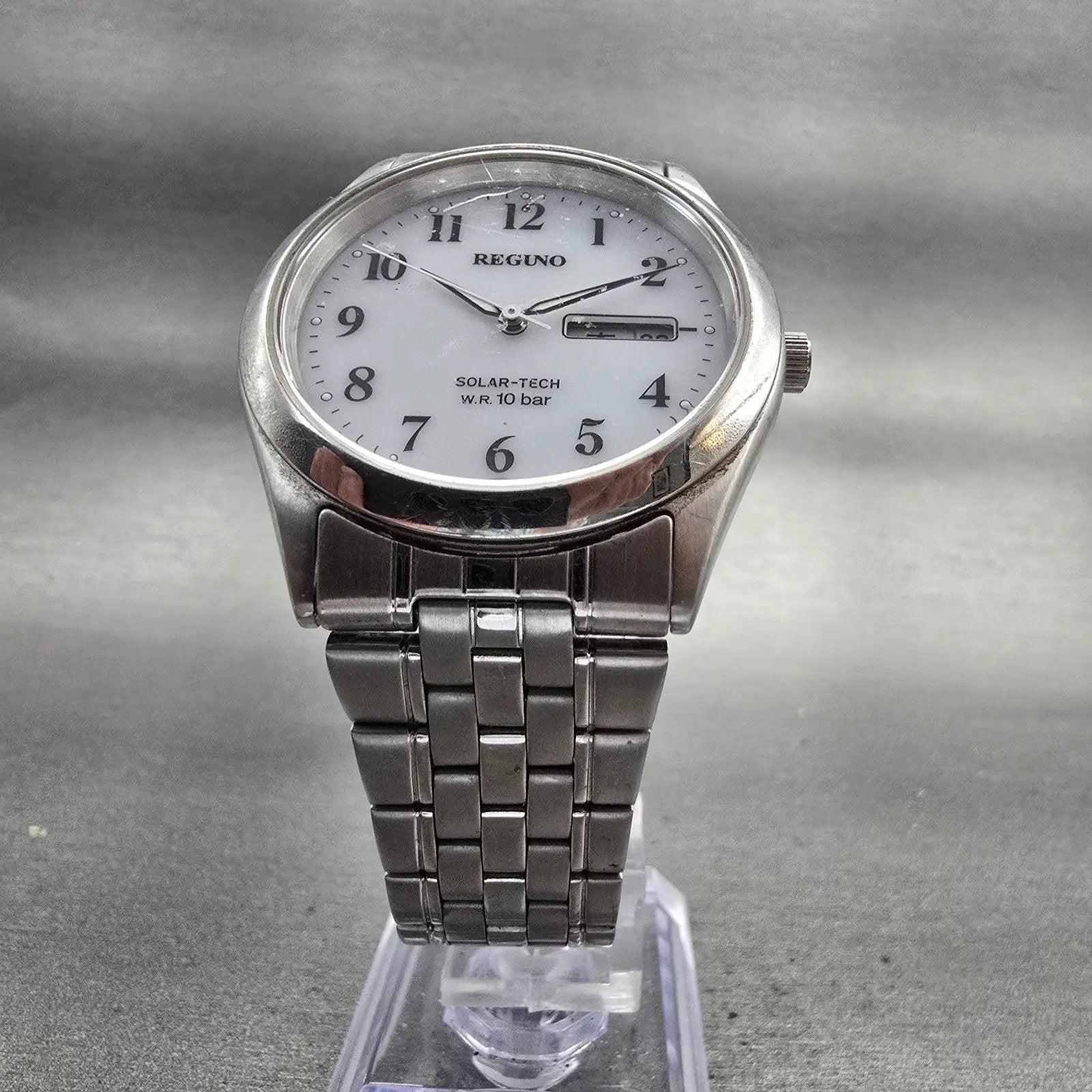 Reguno Solar-Tech Watch Men 36mm White Dial Silver Daydate E101-S028221 Works5