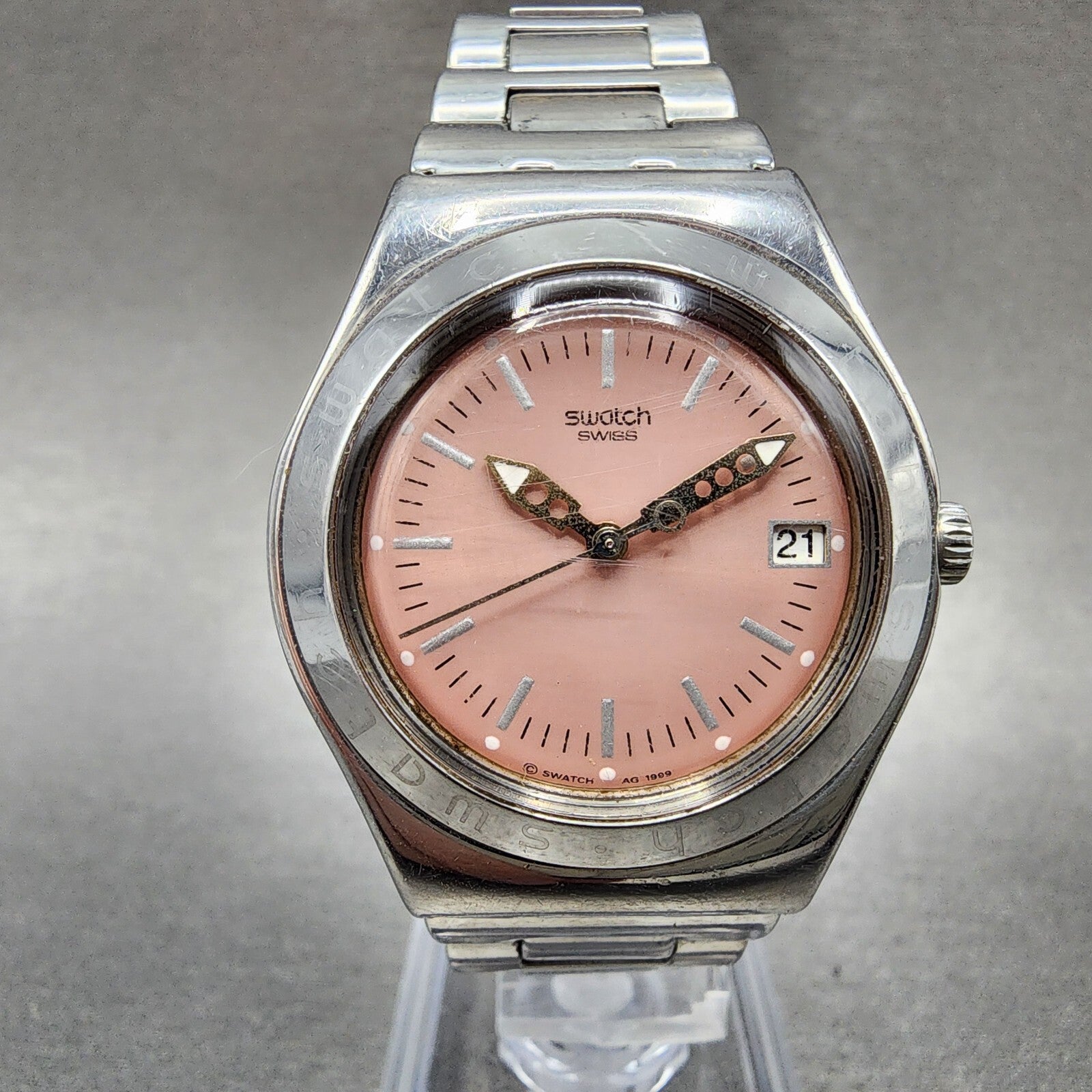 Swatch Irony Watch Women 33mm Pink Dial Steel Date Round YLS405G New Battery0