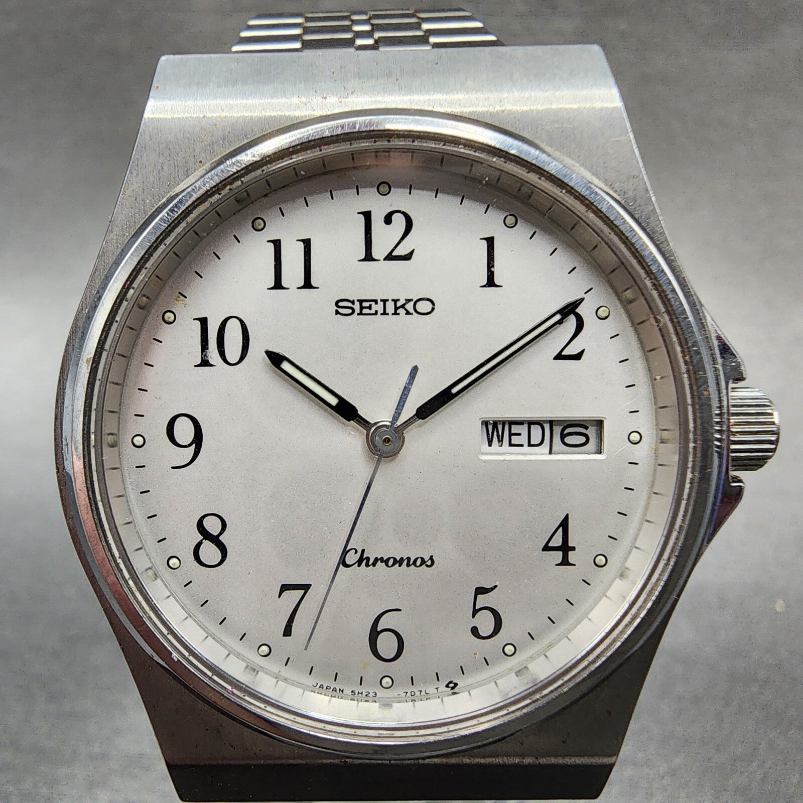 Seiko Chronos Watch Men 35mm White Dial Steel Daydate Round 5H237D20 PARTS2