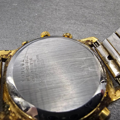 Seiko Chronograph Watch Men 38mm Black Dial Gold Tone Date 7T32-6G43 PARTS VTG11