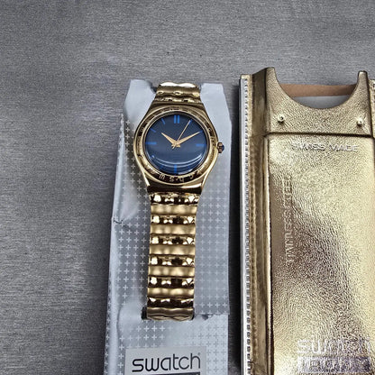 Swatch Irony Medium Evensong Watch Men 33mm Blue Dial Gold YLG110 New Batt NOS3