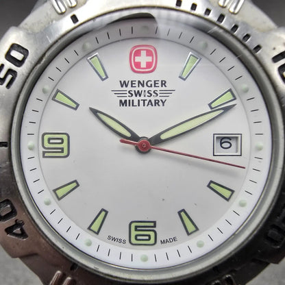 Wenger Swiss Military Dive Watch Men 40mm White Dial Silver Tone Date New Batt1
