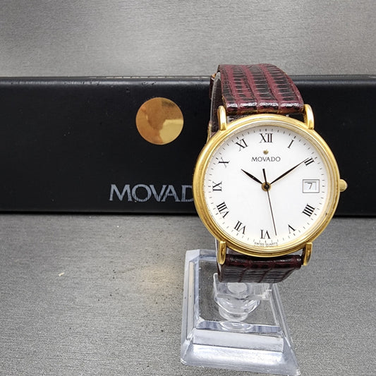 Movado Watch Men 34mm White Dial Gold Tone Date Round 87A40887 New Battery0
