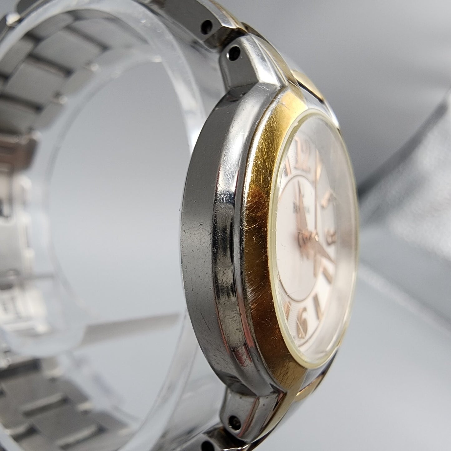 Bulova Watch Women Two Tone Silver Dial 27mm Round 98L153 New Battery 6"