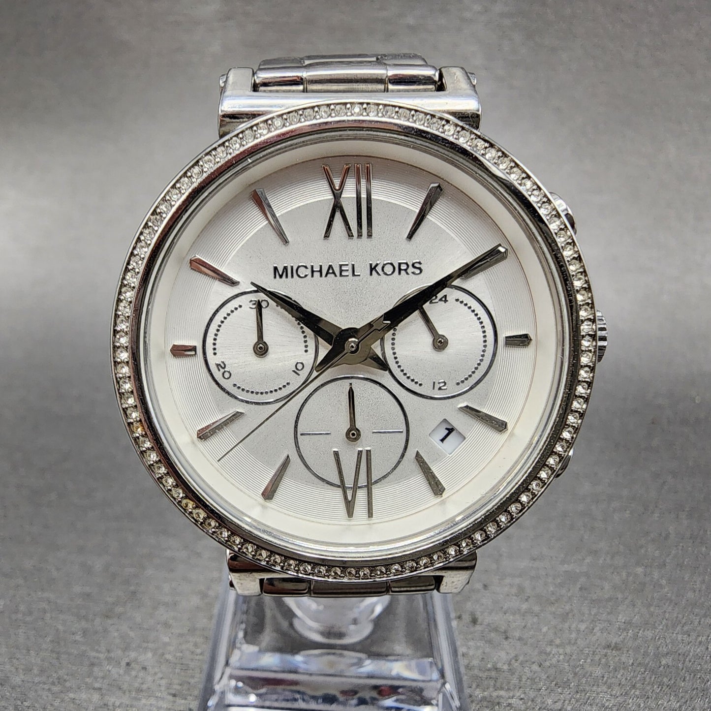 Michael Kors Sofie Watch Women 38mm White Dial Steel Date Chronograph New Batt1