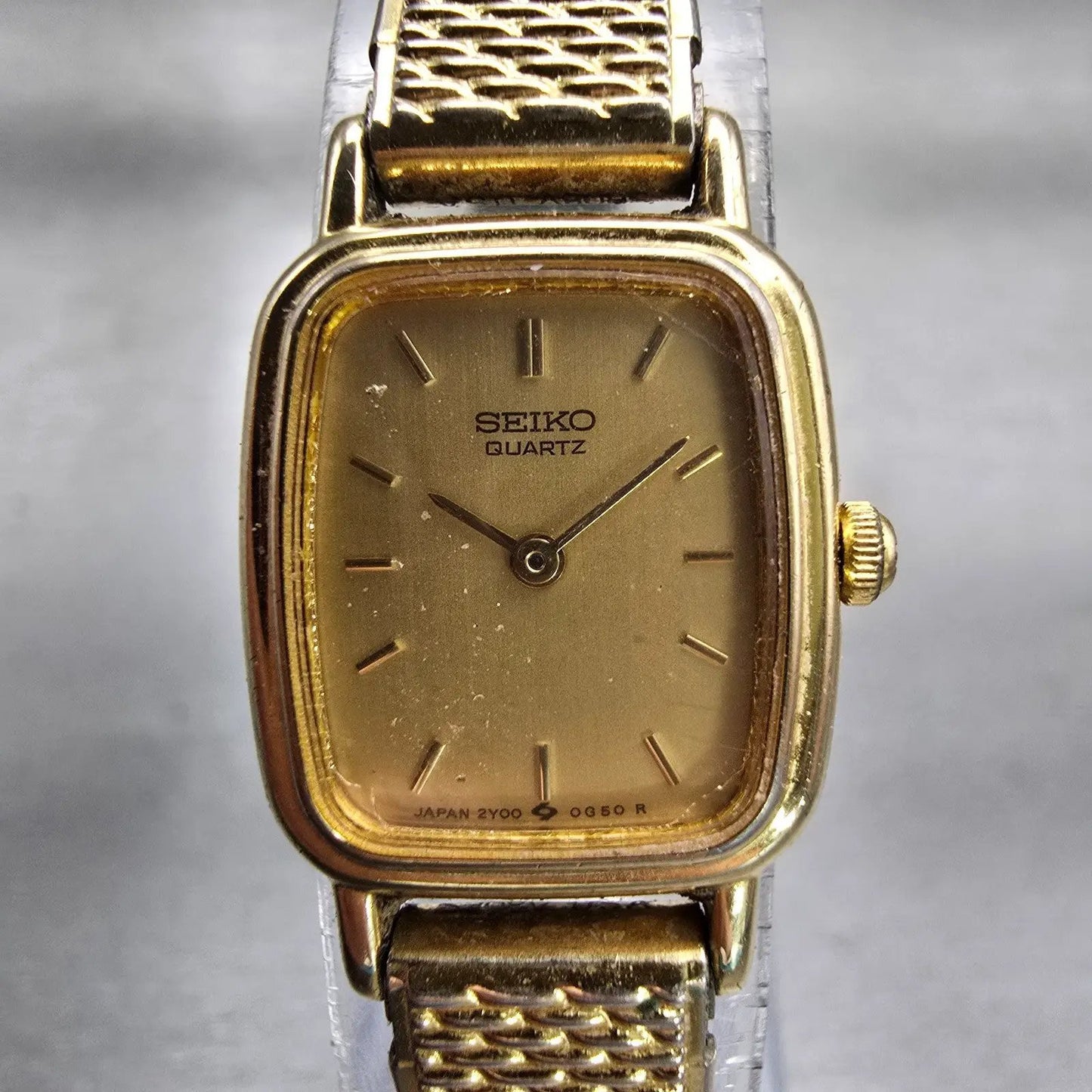 Seiko Watch Women 17mm Gold Dial Gold Tone Rectangle 2Y00-5B49 New Battery VTG F0