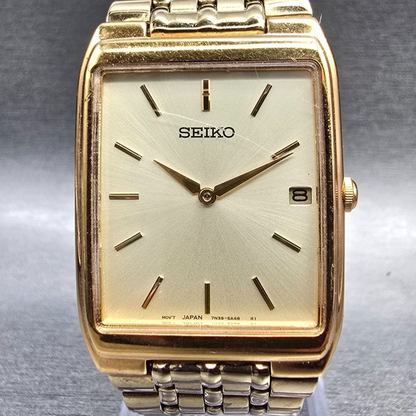 Seiko Tank Watch Men 27mm Champagne Dial Gold Date Rectangle 7N39-5A39 New Batt1