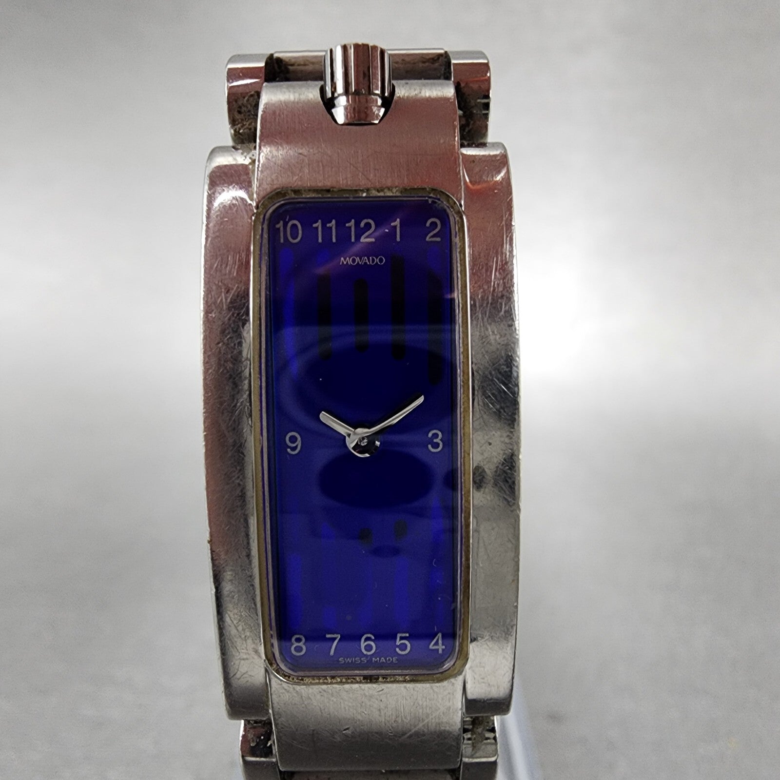 Movado Elliptica Tank Watch Women 15mm Blue Dial Stainless Steel Rectangle Runs1