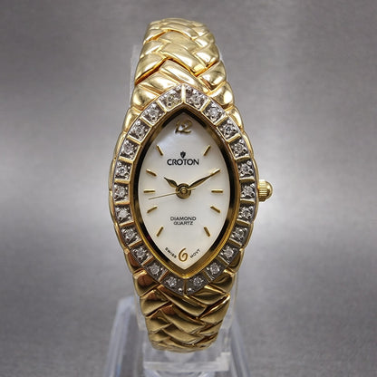 Croton Watch Women 19mm MOP Dial Gold Tone Crystal Bezel Oval new Battery0