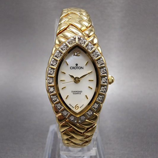 Croton Watch Women 19mm MOP Dial Gold Tone Crystal Bezel Oval new Battery0