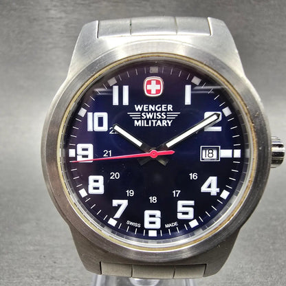 Wenger Swiss Military Watch Men 41mm Blue Dial Steel Date Round 7290X New BattH0