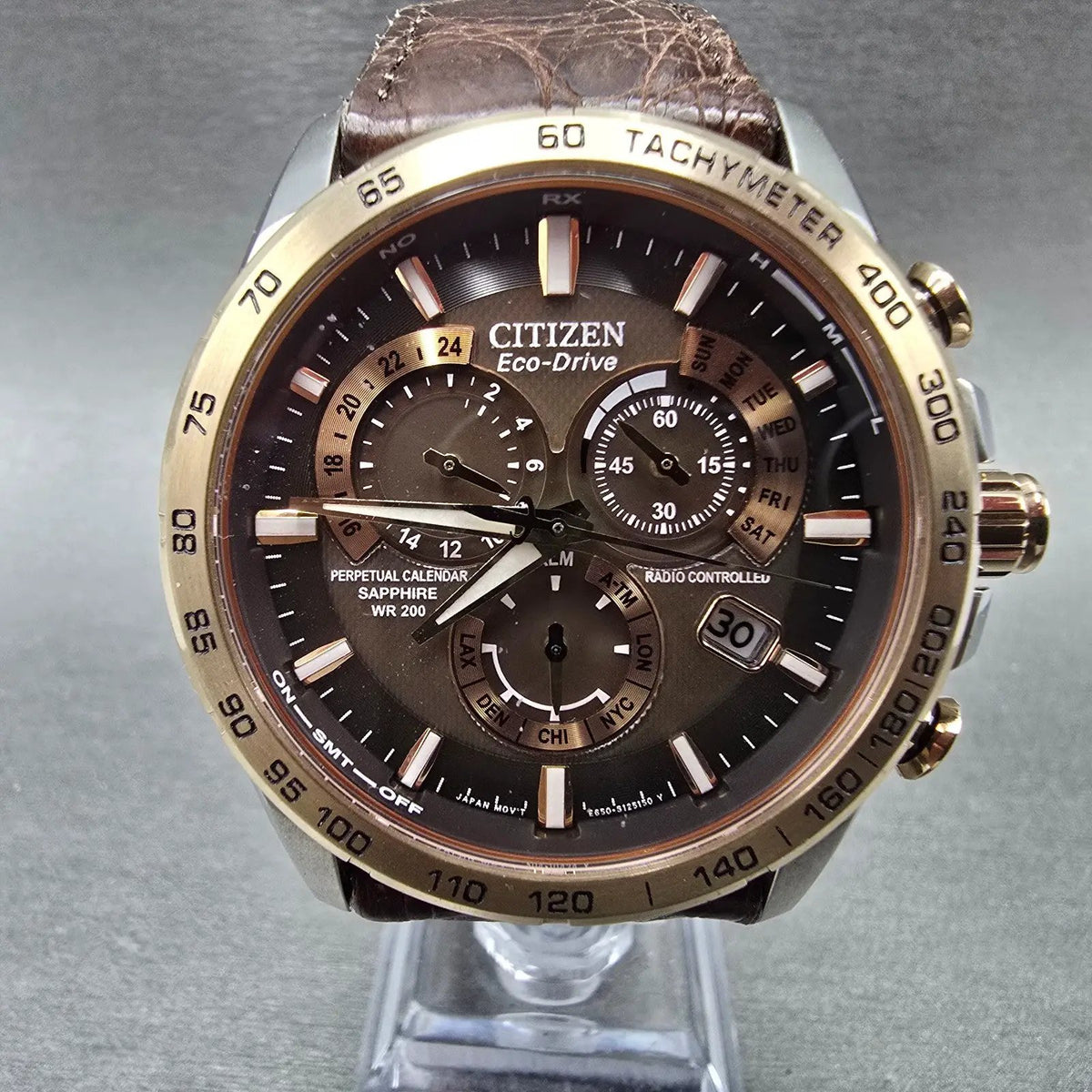 Citizen Eco-Drive Chronograph Watch Men 42mm Brown Dial Two Tone Date AT4006-06X0