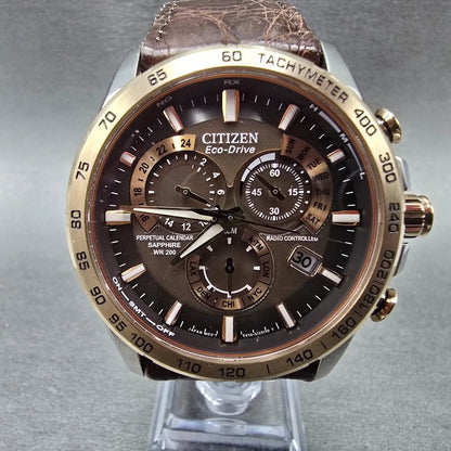 Citizen Eco-Drive Chronograph Watch Men 42mm Brown Dial Two Tone Date AT4006-06X0