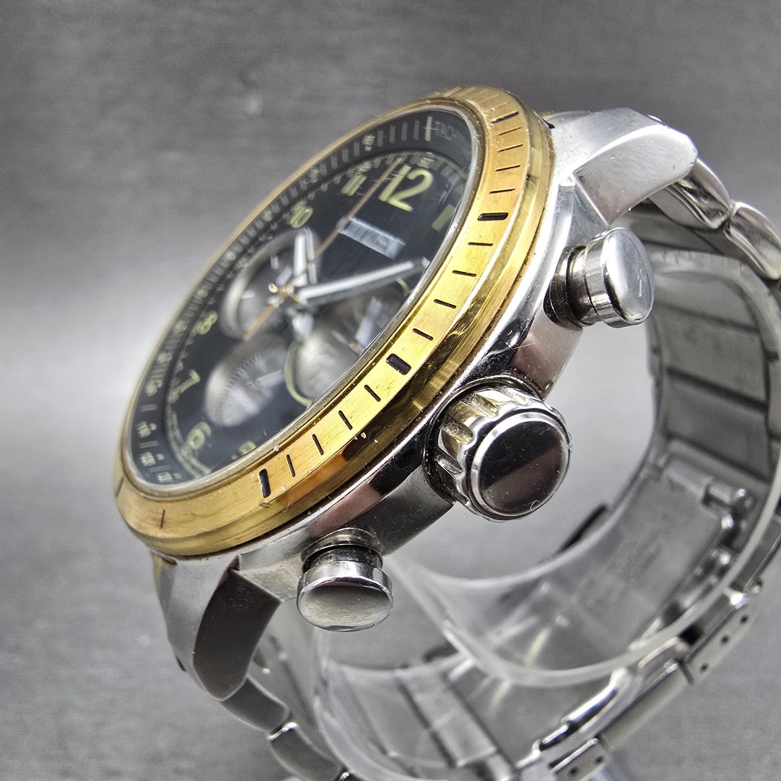 Citizen Eco-DriveChronograph Watch Men 44mm Black Dial Two Tone Date Round Runs2