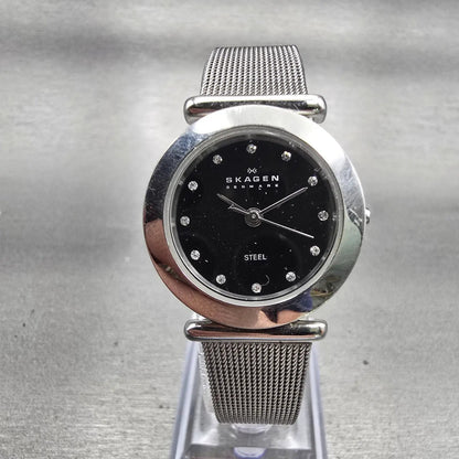 Skagen Denmark Watch Women 25mm Black Dial Silver Tone Round 107SSSBD New Batt0