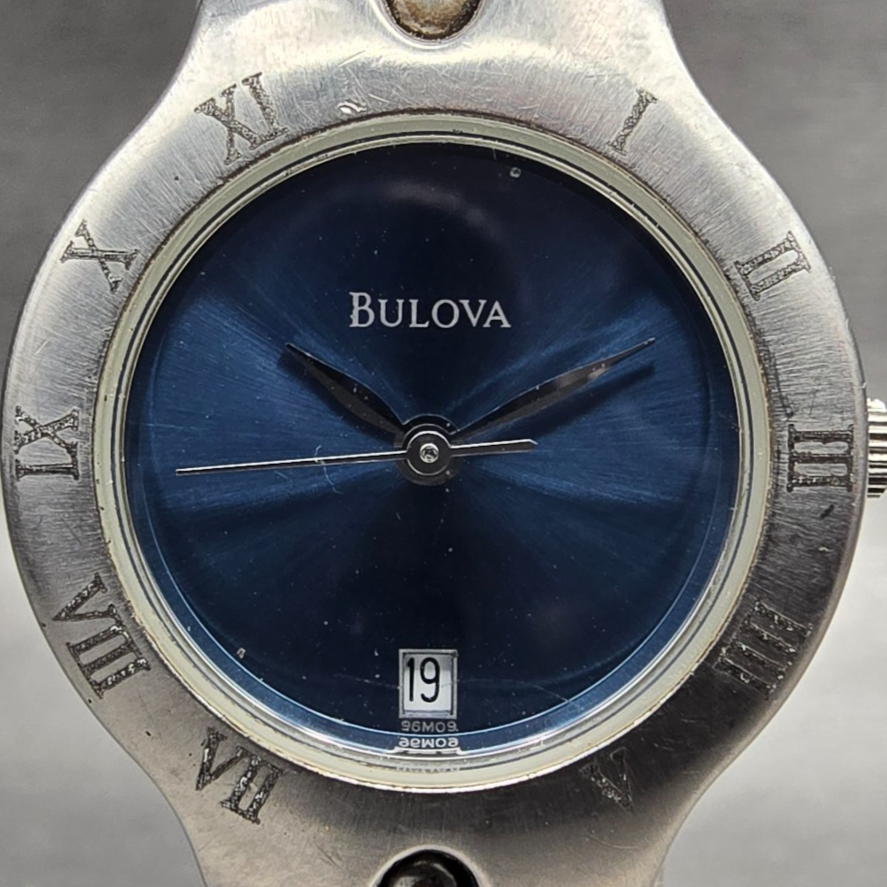 Bulova Watch Women 25mm Blue Dial Silver Tone Date Round 96M09 New Battery JP1