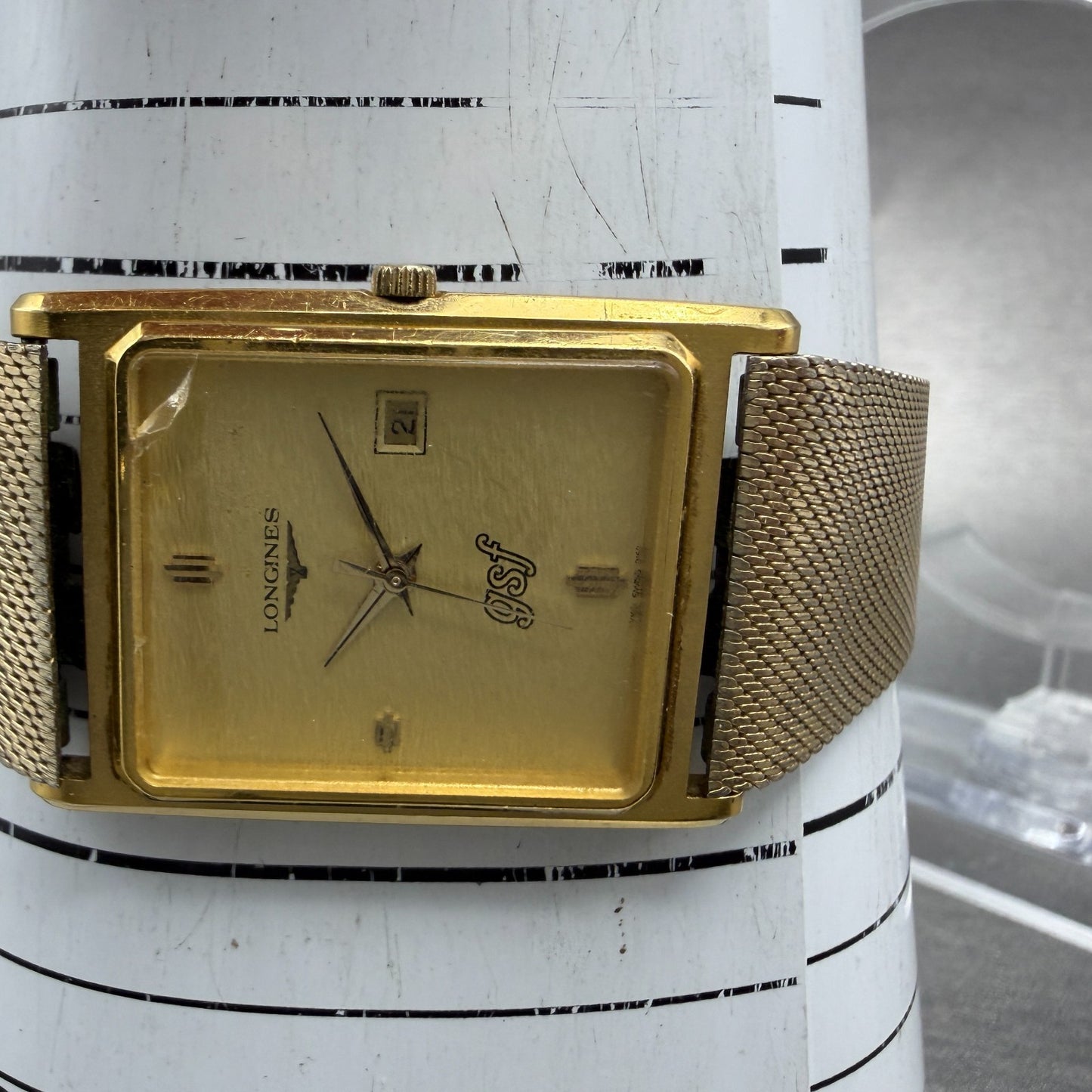 Longines Tank Watch Men 26mm Gold Dial Gold Tone Date Rectangle New Battery12