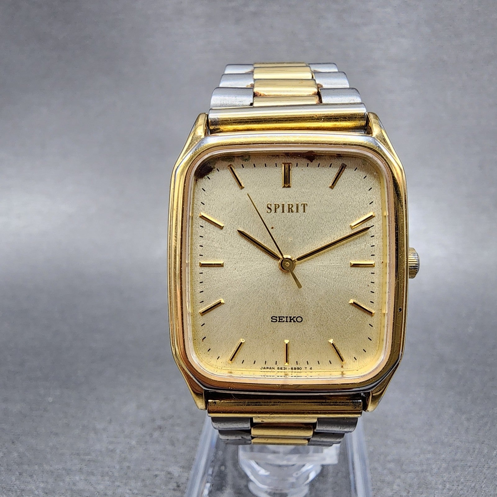 Seiko Spirit Tank Watch Men 27mm Gold Dial Gold Tone Rectangle 5E315B50 New Bat0
