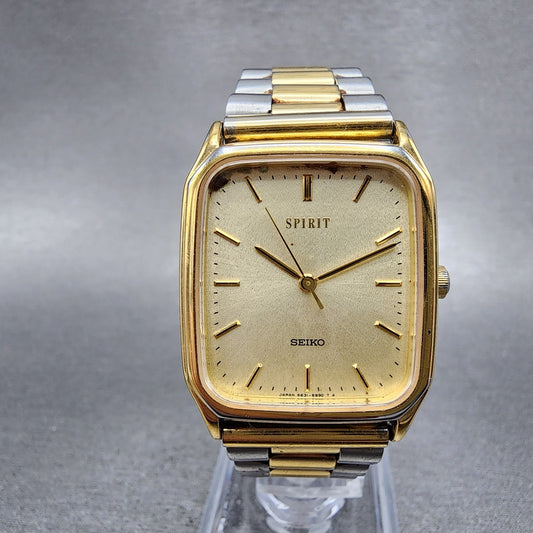 Seiko Spirit Tank Watch Men 27mm Gold Dial Gold Tone Rectangle 5E315B50 New Bat0
