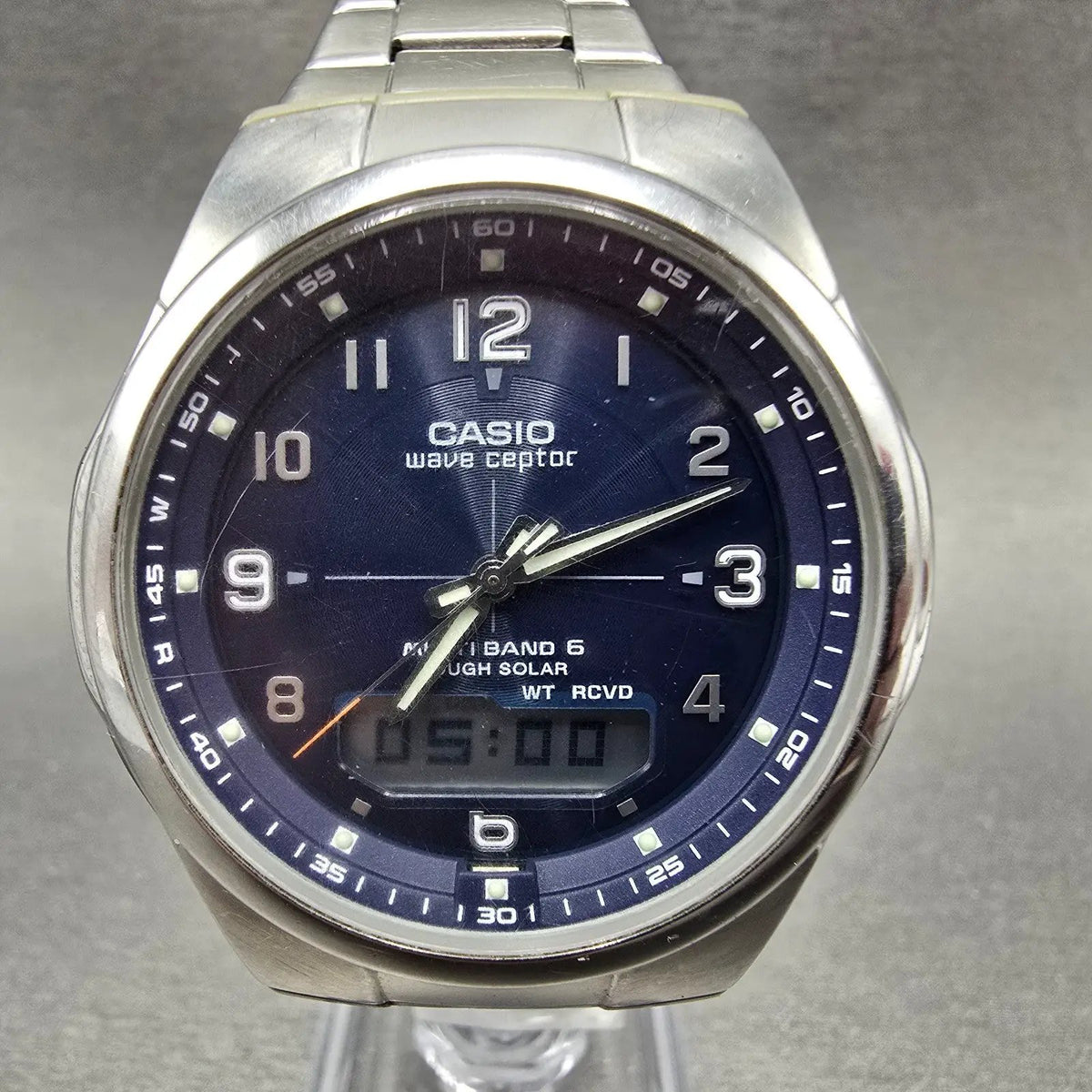 Casio Wave Ceptor Watch Men 43mm Blue Dial Silver Solar Alarm Daydate Works JP0