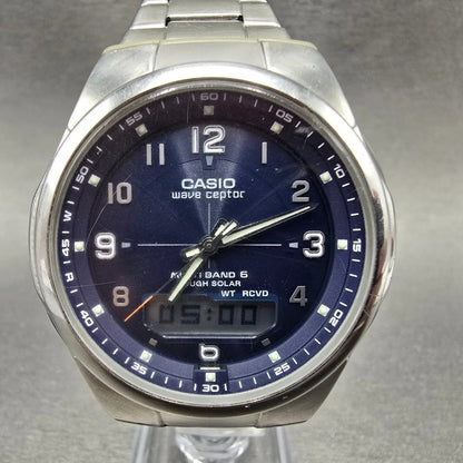 Casio Wave Ceptor Watch Men 43mm Blue Dial Silver Solar Alarm Daydate Works JP0