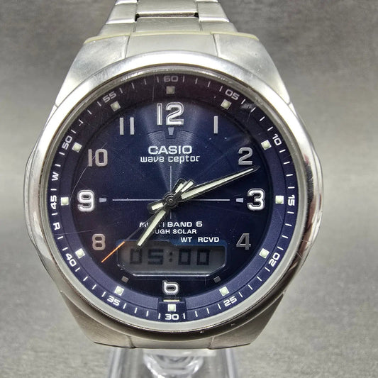 Casio Wave Ceptor Watch Men 43mm Blue Dial Silver Solar Alarm Daydate Works JP0