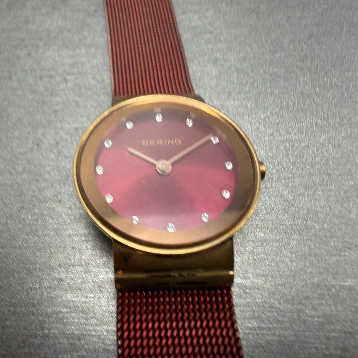 Bering Watch Women 25mm Red Dial Rose Gold Tone Round READ!!! New Batt 10126-3632