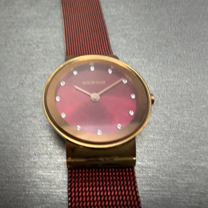 Bering Watch Women 25mm Red Dial Rose Gold Tone Round READ!!! New Batt 10126-3632